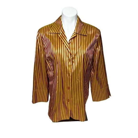 Linda Allard Ellen Tracy iridescent gold and copper striped silk button up blous - Picture 1 of 12